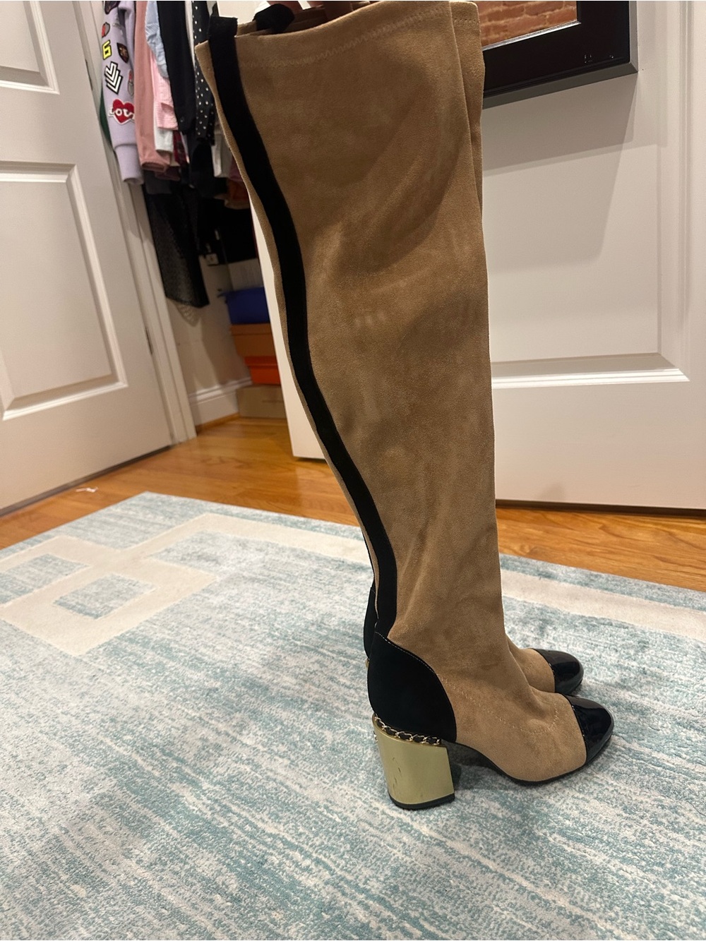 CHANEL Tan Suede Over-the-Knee Boots with Black Accents and Gold Block Heel - Picture 14 of 16